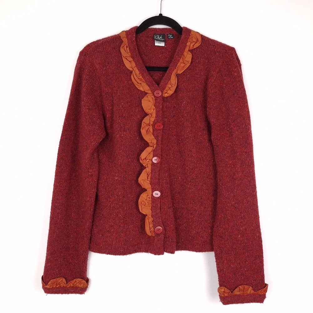Covelo wool blend cardigan marled sweater artsy art to wear boho autumnal red